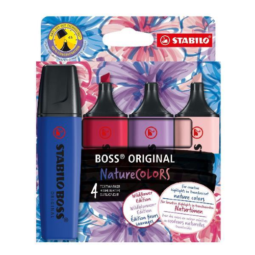 STABILO BOSS WILDFLOWER EVIDENZIATORE PUNTA A SCALPELLO 2/5 mm COLORI ASSORTITI CONF 4 Pz.